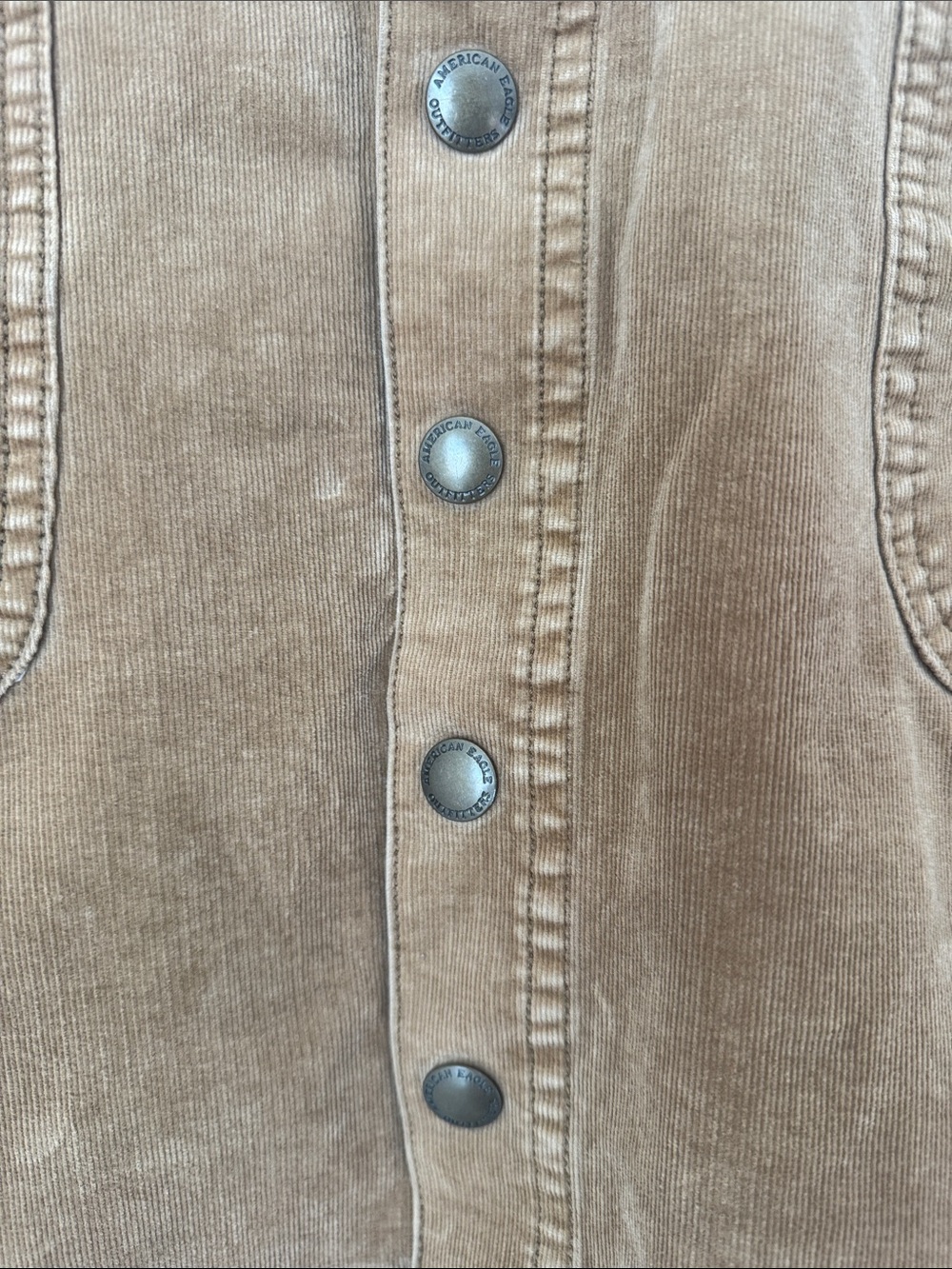 American Eagle Super Stretch X4 Corduroy Mini Skirt Tan Button Front Utility 14 - Picture 3 of 12